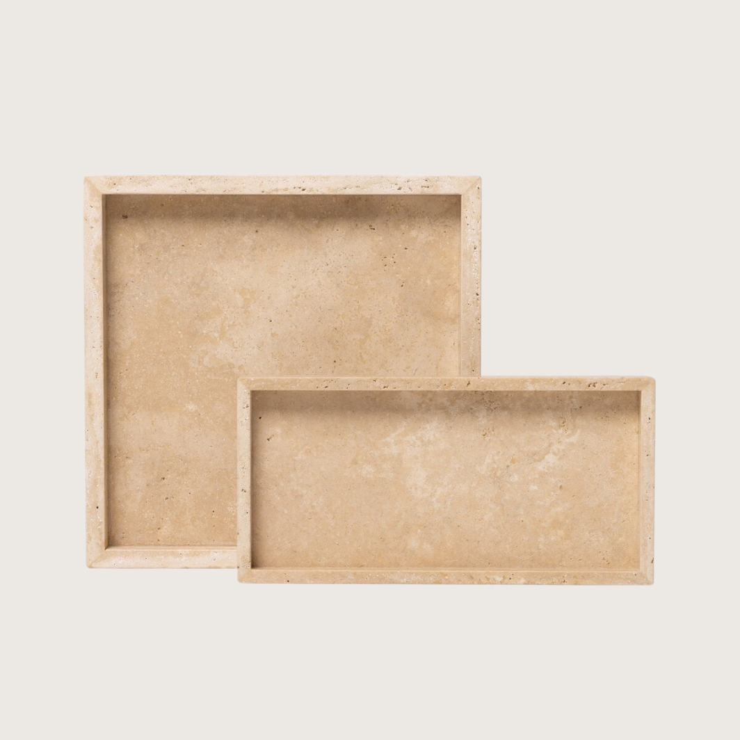 Beige vierkante travertine dienblad MASE